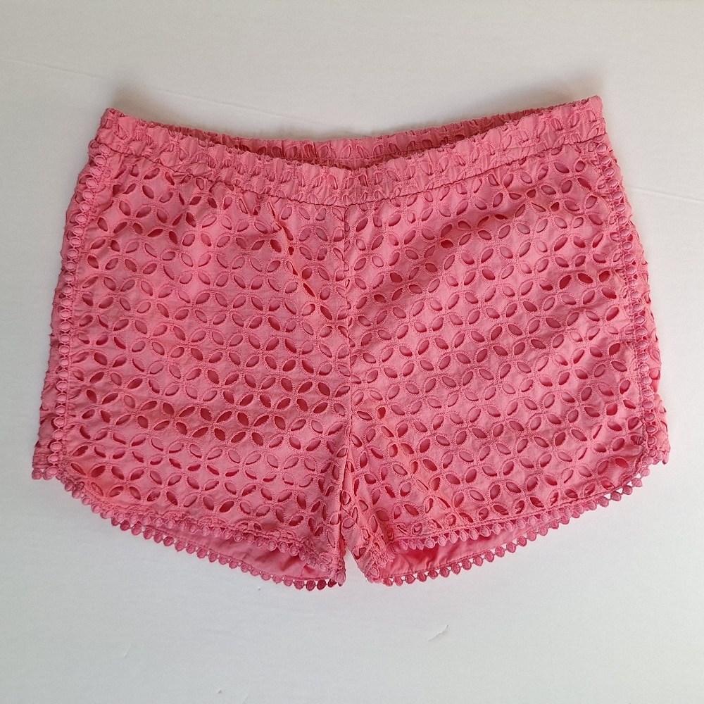 Lilly Pulitzer Pink Eyelet Shorts Pull On Cotton Pom Pom Elastic Kids L
